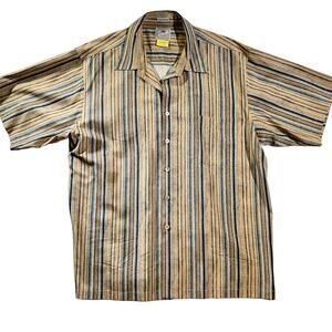 Luau 100% Silk Camp Shirt Men's XL Tropical Untucked Pocket Blue Yellow Stripe